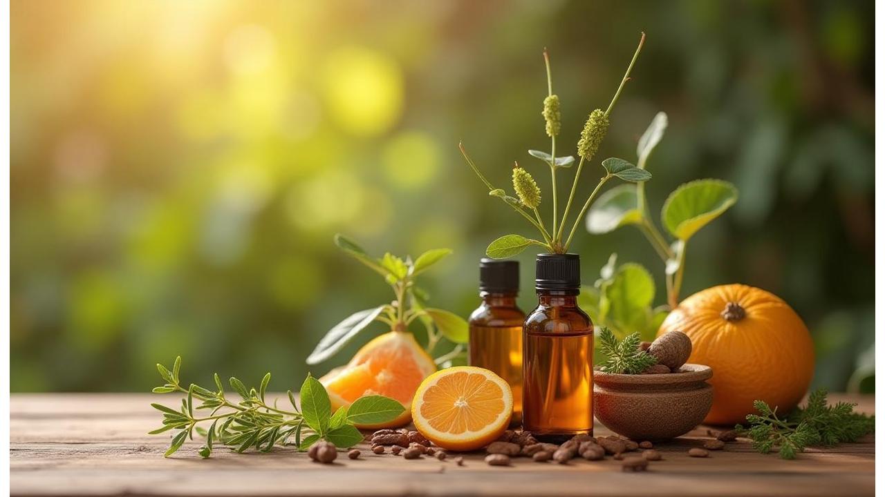 Aceites esenciales y plantas mediterráneas en un fondo de madera