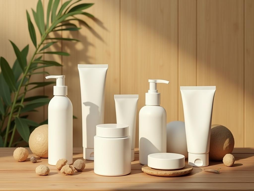 Envases compostables y reciclables en mesa de madera